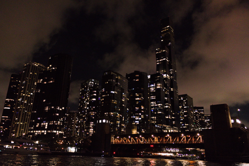 View from the Chicago River at night