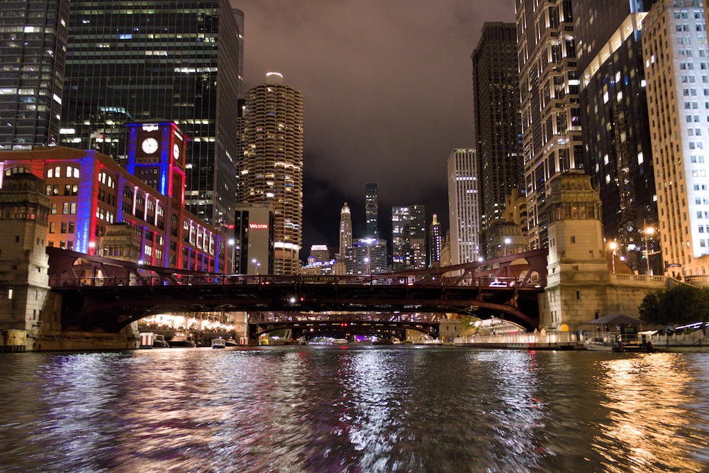 Along the Chicago River at night