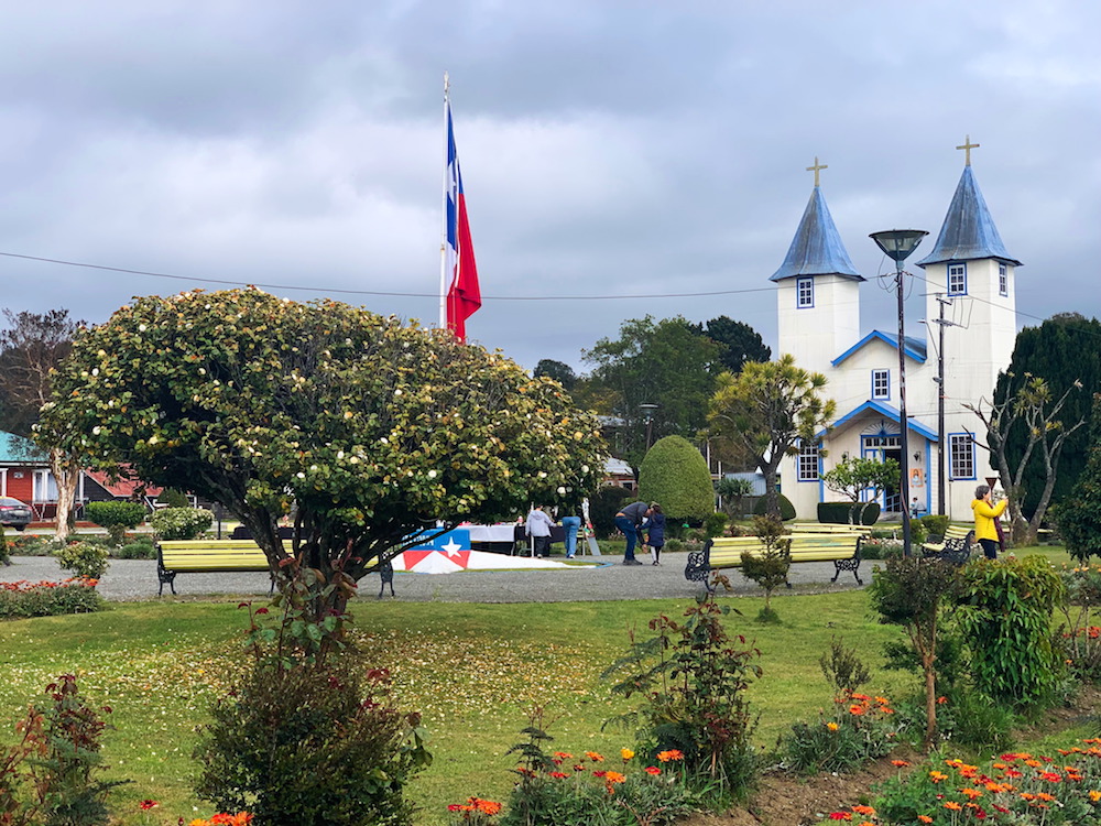 The church and main square in Chacao on the island of Chiloe