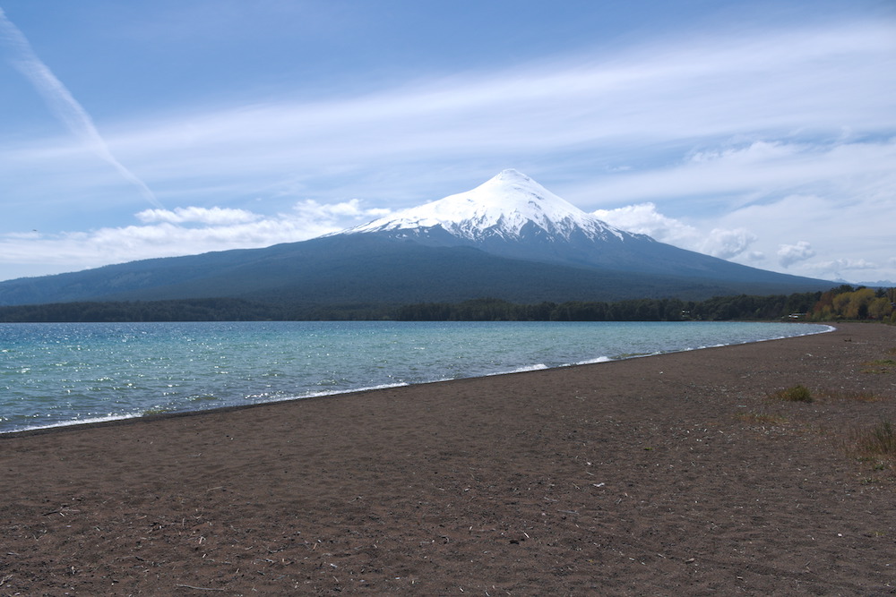 View of the Osorno Volcano from a beach