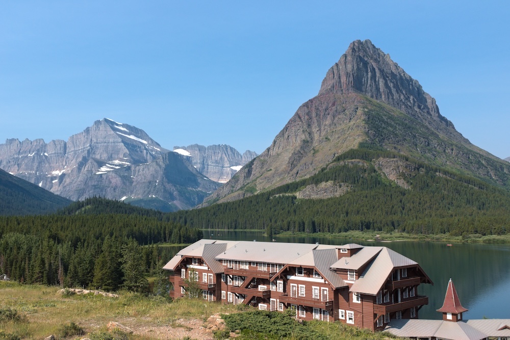 Many Glacier Hotel and the surrounding mountains