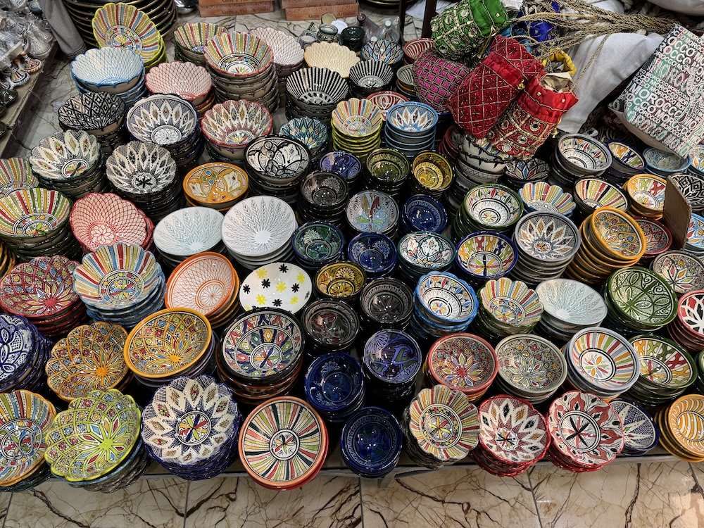 Handmade bowls for sale in a shop in Marrakesh