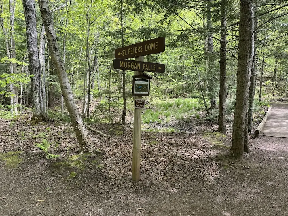Trail junction for Morgan Falls and St. Peter's Dome