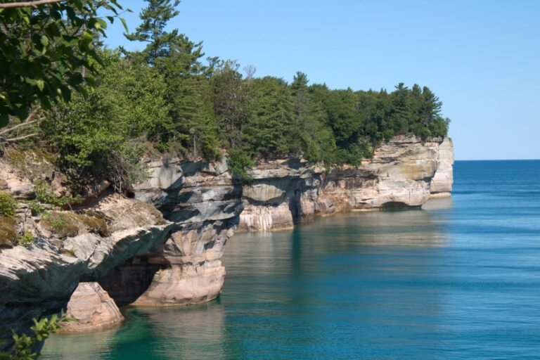 Cliffs at Pictured Rocks National Lakeshore as seen from the Chapel Mosquito Loop