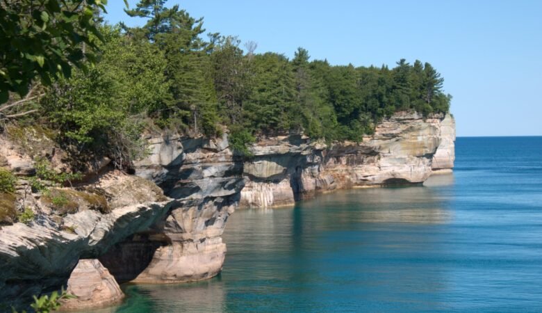 Cliffs at Pictured Rocks National Lakeshore as seen from the Chapel Mosquito Loop