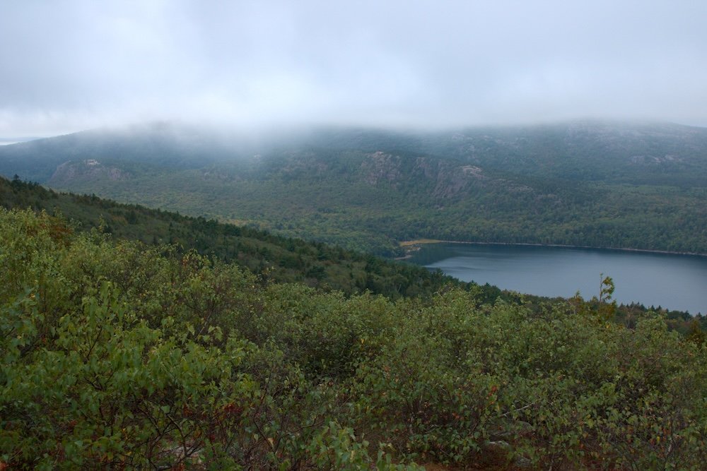 View from Cadillac Mountain on a foggy morning at Acadia National Park