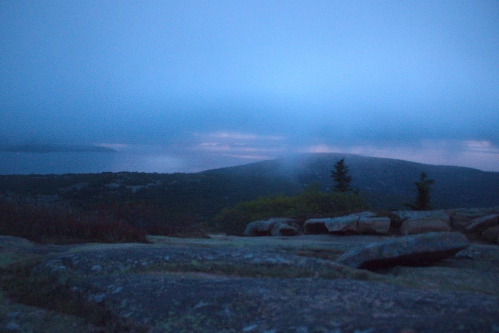 Sunrise at Cadillac Mountain on a foggy day