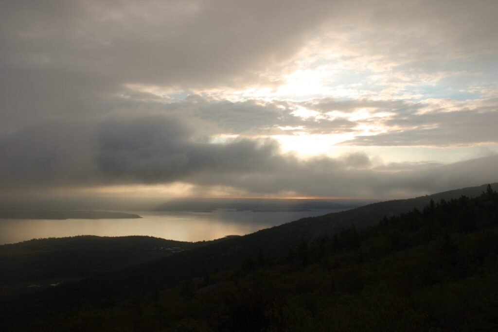 Sunrise at Cadillac Mountain on a cloudy day