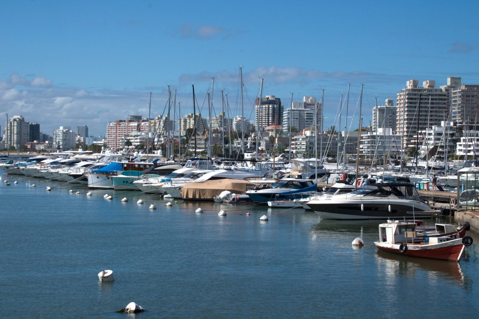 Large boats in the foreground with skyscrapers in the background