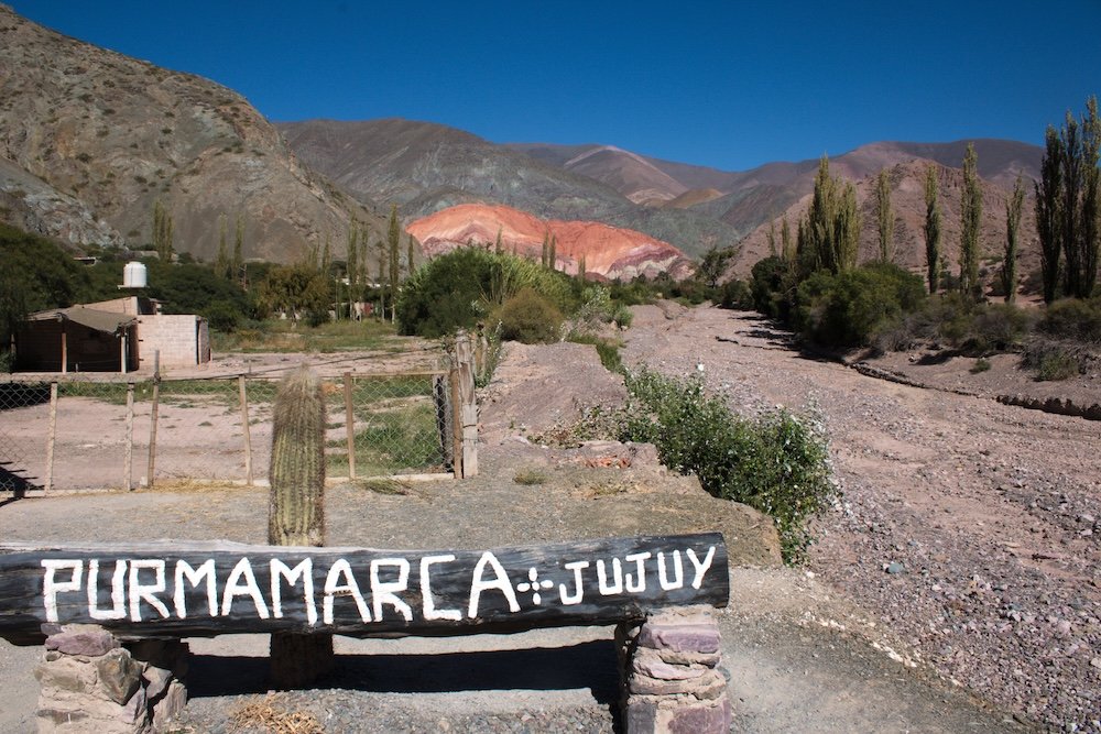 Viewpoint featuring Purmamarca sign and the Hill of 7 Colors