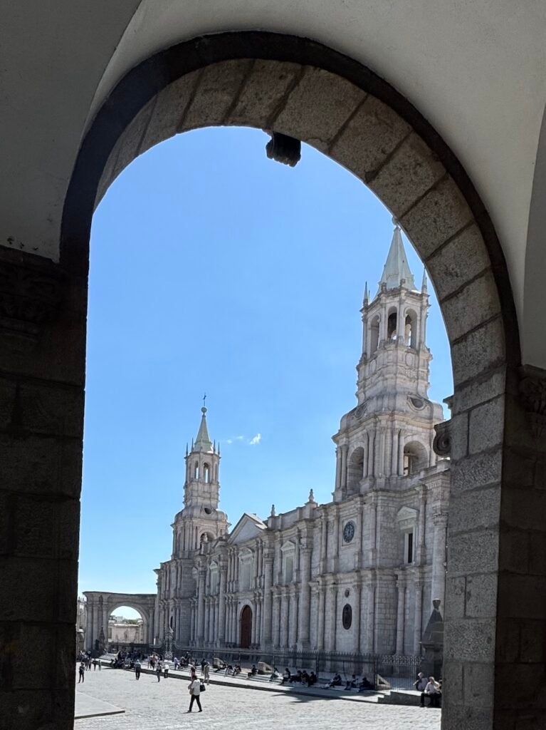 Looking through an arch at the Arequipa Cathedral