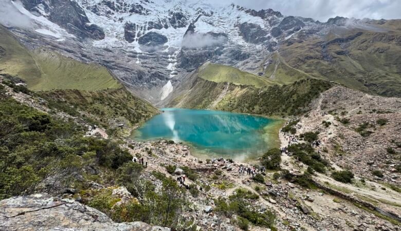 Bright blue Huamantay Lake surrounded by mountains