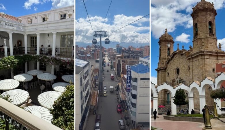 A series of images from around Bolivia including El Patio restaurant in Sucre, a view from the cable car in La Paz, and a cathedral in Potosi