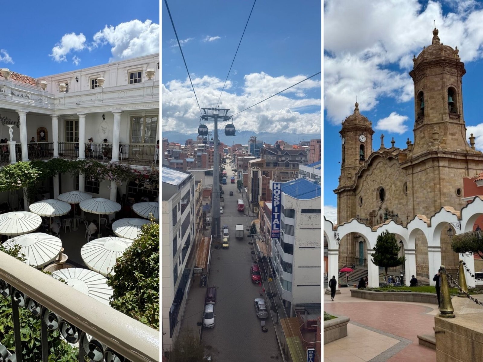 A series of images from around Bolivia including El Patio restaurant in Sucre, a view from the cable car in La Paz, and a cathedral in Potosi