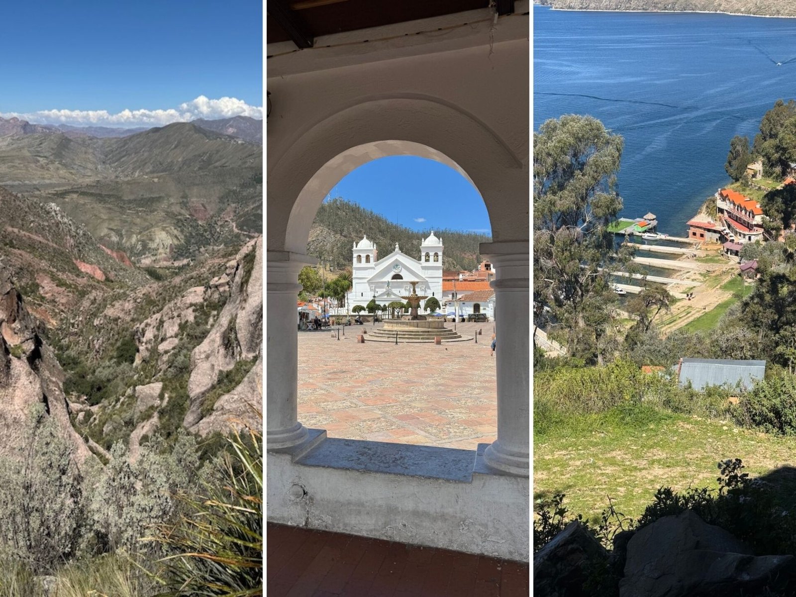 Series of photos of Bolivia including the Maragua Crater, a monastery in Sucre, and Isla del Sol