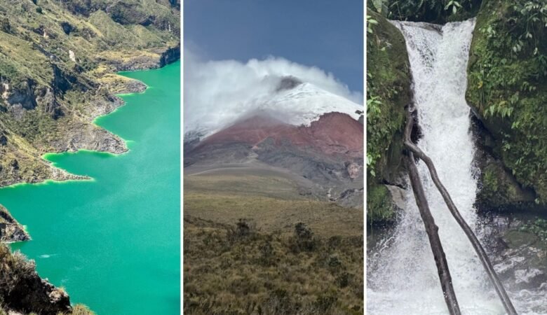 Series of photographs of the scenery in Ecuador including the Quilotoa Loop, Cotopaxi Volcano, and a waterfall near Mindo