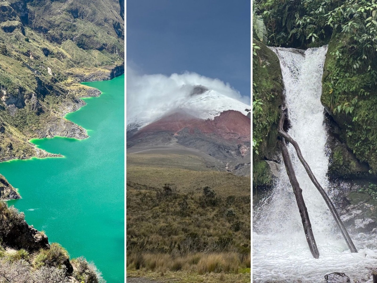 Series of photographs of the scenery in Ecuador including the Quilotoa Loop, Cotopaxi Volcano, and a waterfall near Mindo