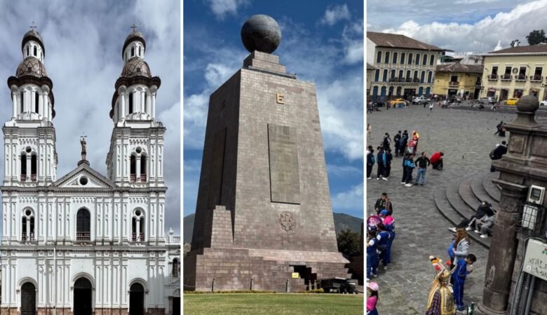 Series of three images including a church in Cuenca, the Mitad del Mundo monument, and a plaza in Quito