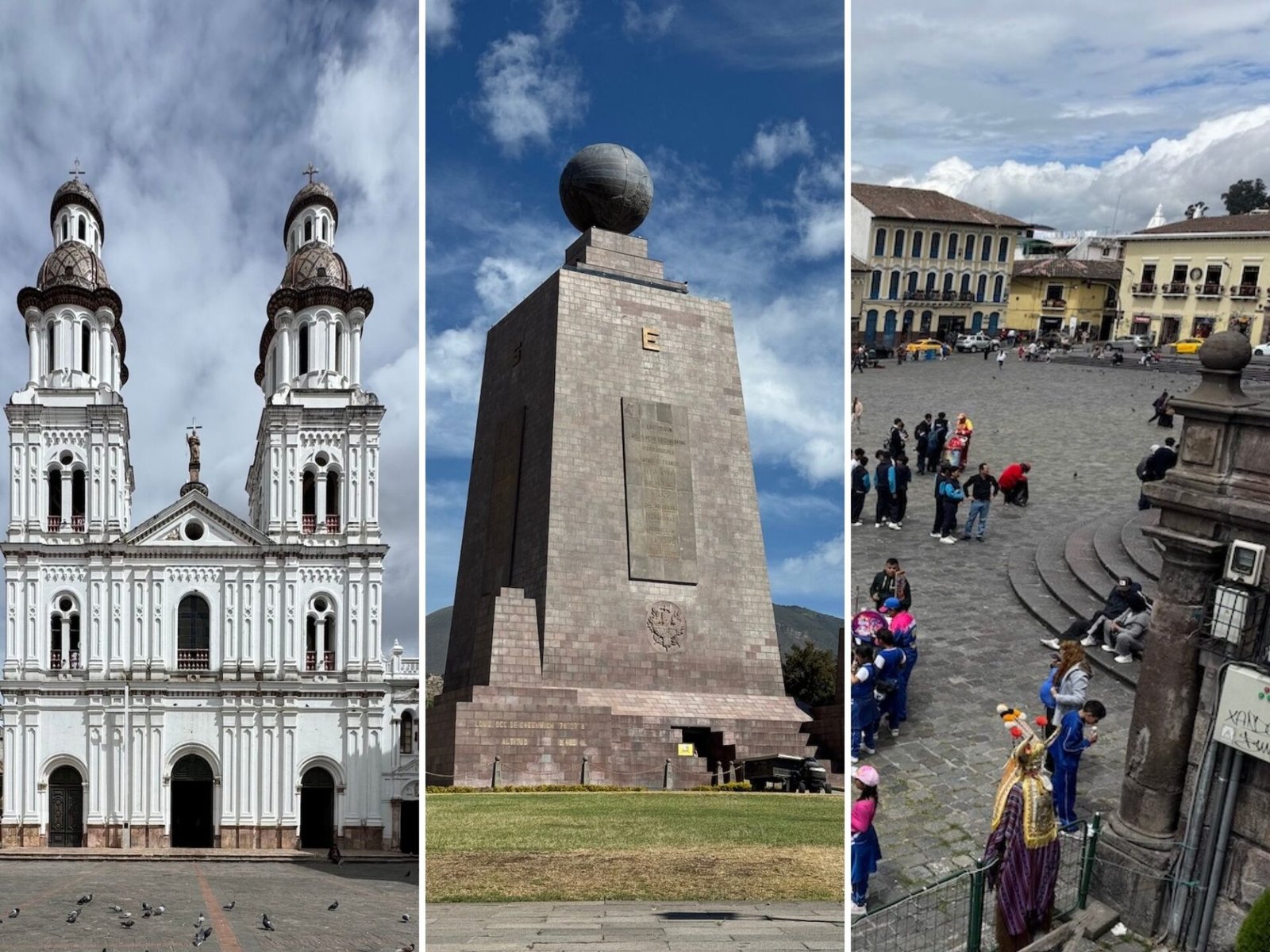 Series of three images including a church in Cuenca, the Mitad del Mundo monument, and a plaza in Quito