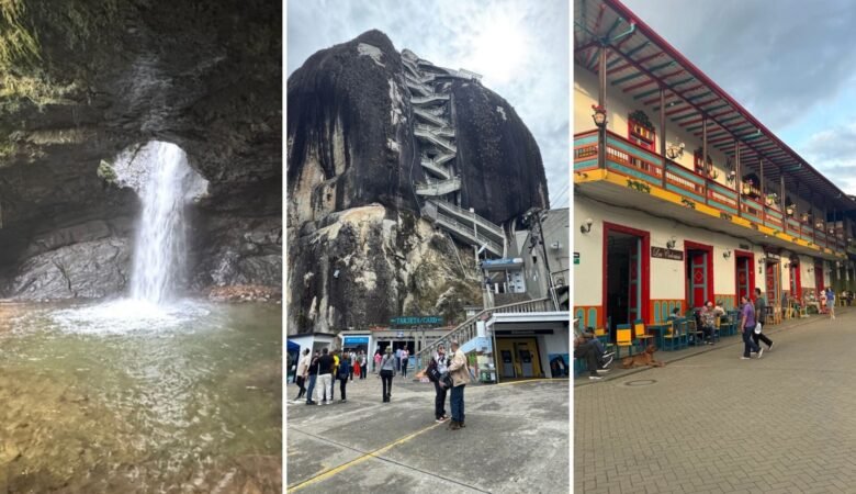 A series of photos featuring a waterfall, stairs leading up La Piedra del Peñal, and colorful colonial buildings