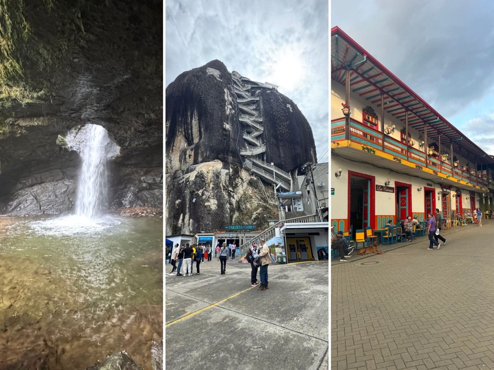 A series of photos featuring a waterfall, stairs leading up La Piedra del Peñal, and colorful colonial buildings