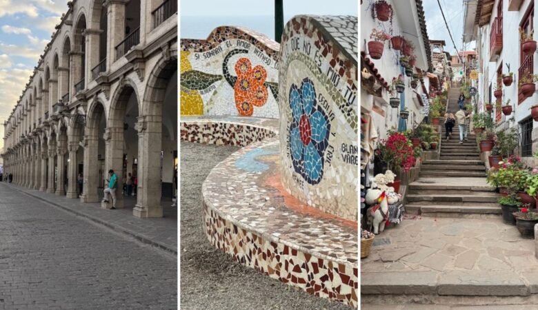 A series of images from Peru including the main square in Arequipa, a park in Lima, and a street in Cusco