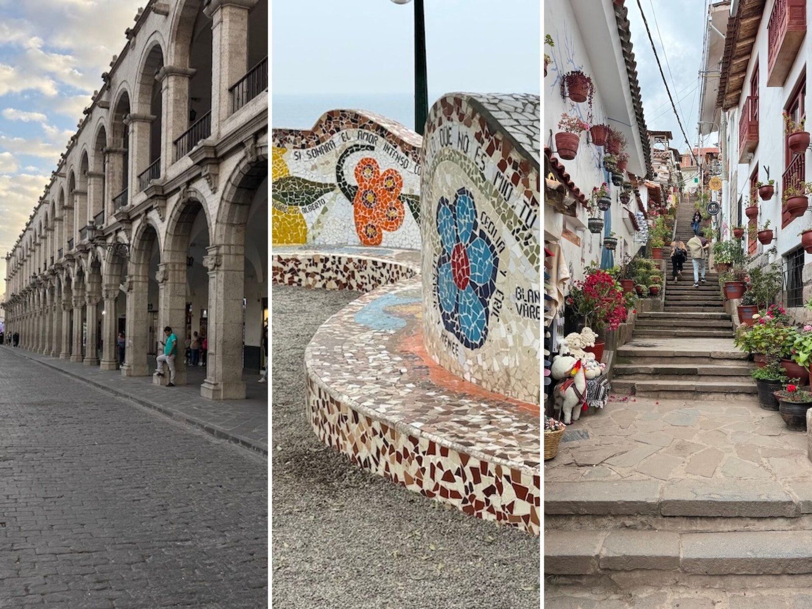 A series of images from Peru including the main square in Arequipa, a park in Lima, and a street in Cusco