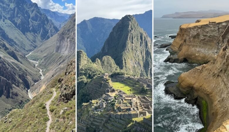 Series of images from Peru including the Colca Canyon, Machu Picchu, and the coastline in Paracas