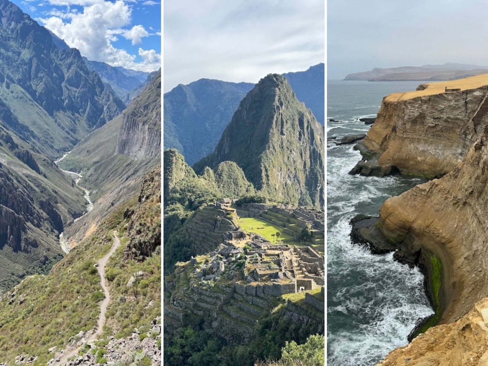 Series of images from Peru including the Colca Canyon, Machu Picchu, and the coastline in Paracas