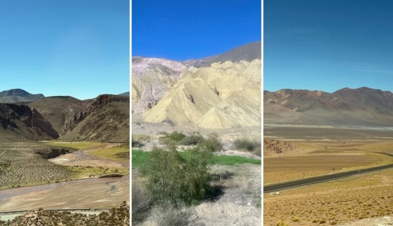 Series of three images featuring mountain views along the highway from Salta to San Pedro de Atacama