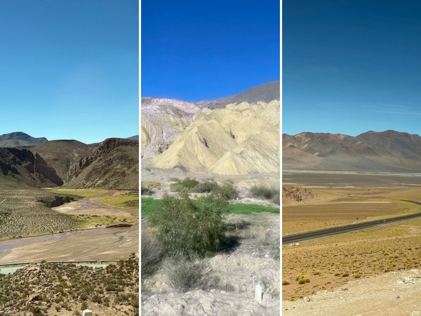 Series of three images featuring mountain views along the highway from Salta to San Pedro de Atacama