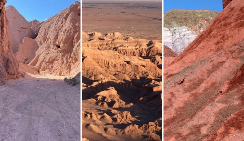 A series of images featuring various rocky landscapes in the Atacama Desert
