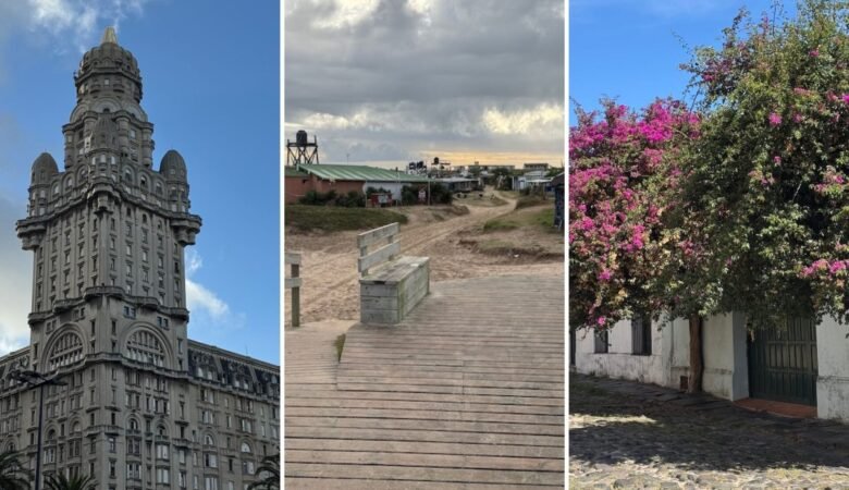 Series of photographs featuring a elaborate hotel exterior in Montevideo, a boardwalk in Cabo Polonio, and flowers growing along white walls in Colonia del Sacramento