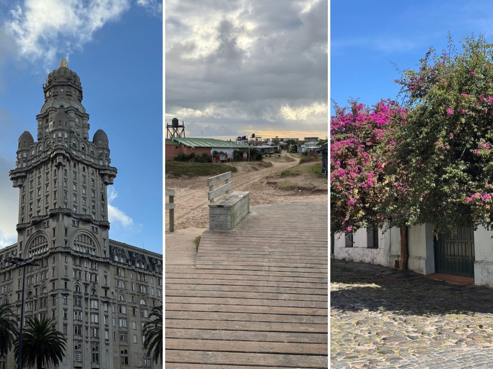 Series of photographs featuring a elaborate hotel exterior in Montevideo, a boardwalk in Cabo Polonio, and flowers growing along white walls in Colonia del Sacramento