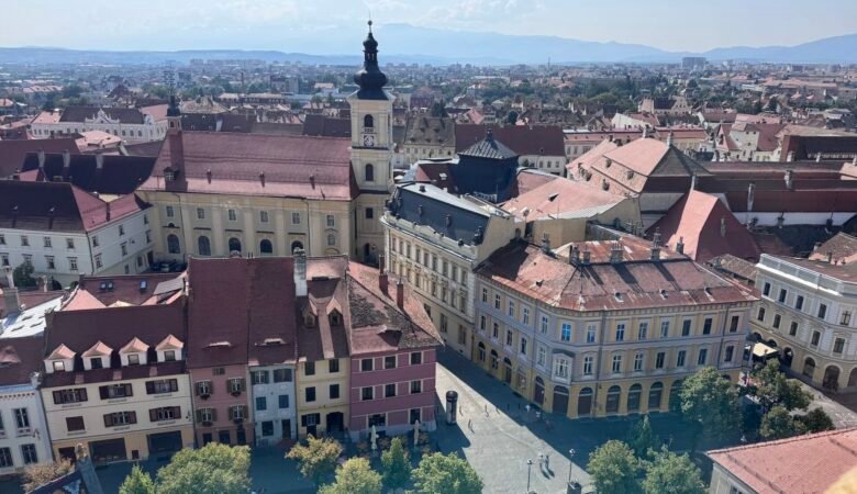 Looking down on the city of Sibiu, Romania from the tower of the church