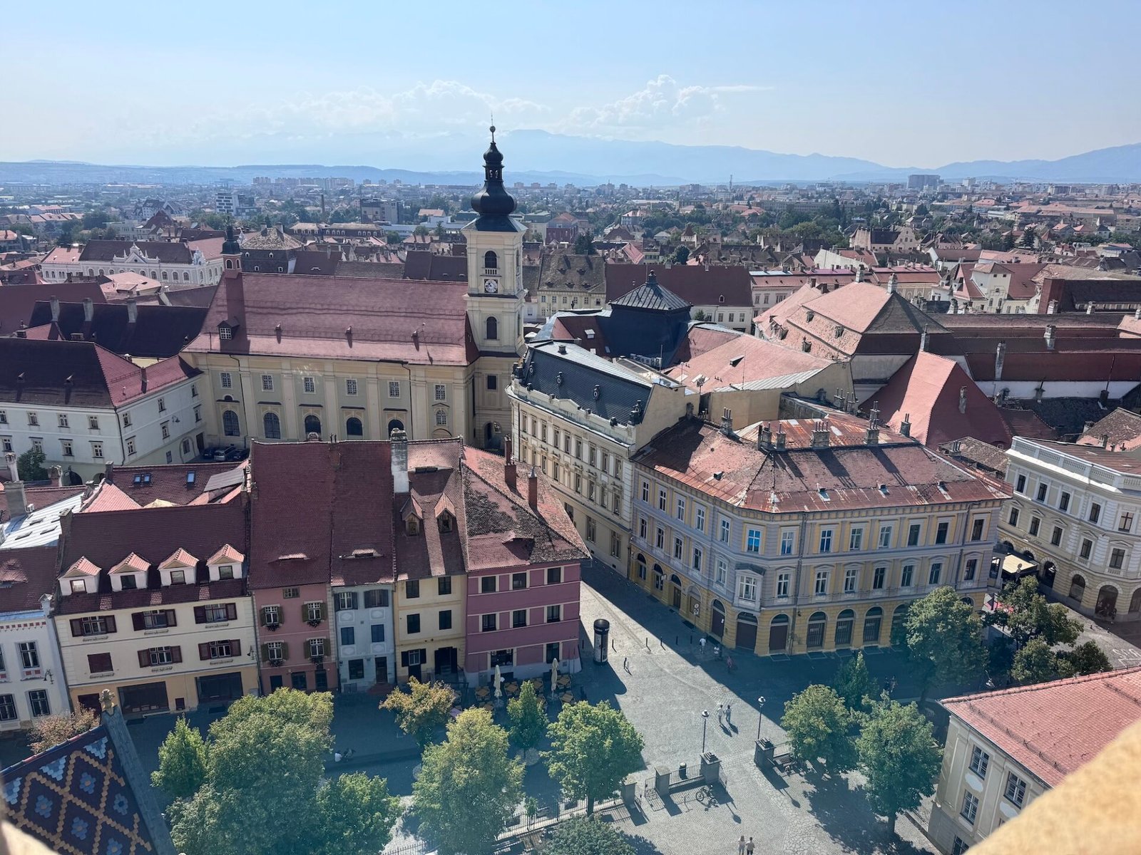 Looking down on the city of Sibiu, Romania from the tower of the church