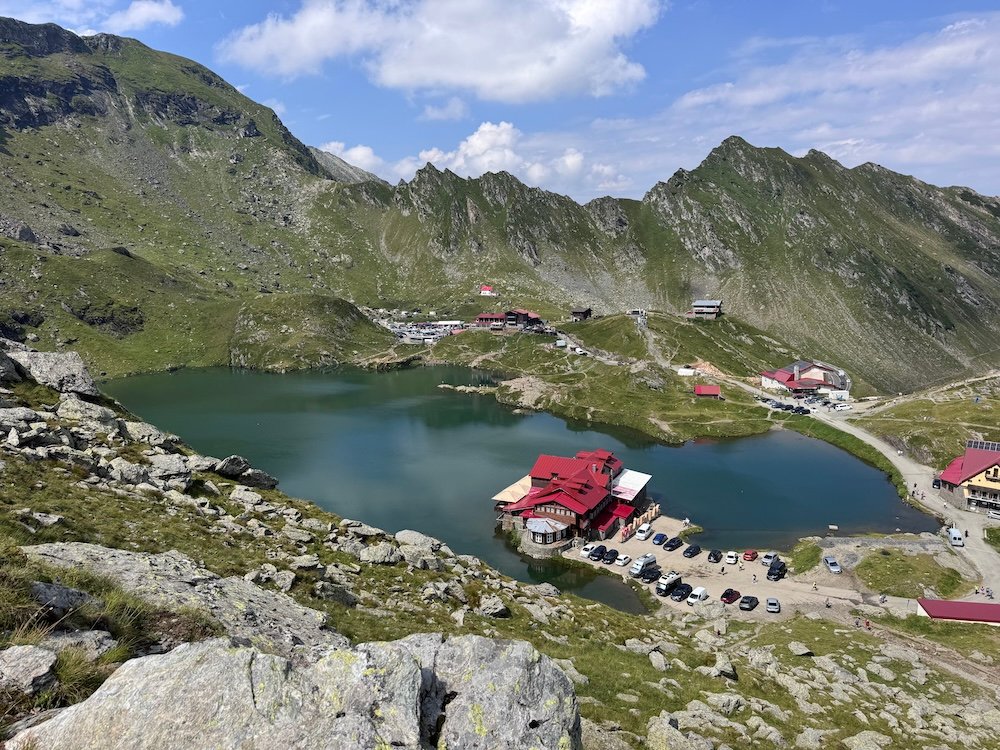 Looking down at Balea Lake from above