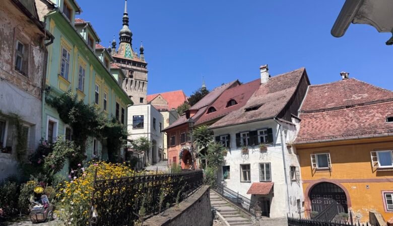 Colorful buildings lining the streets of Sighisoara, Romania