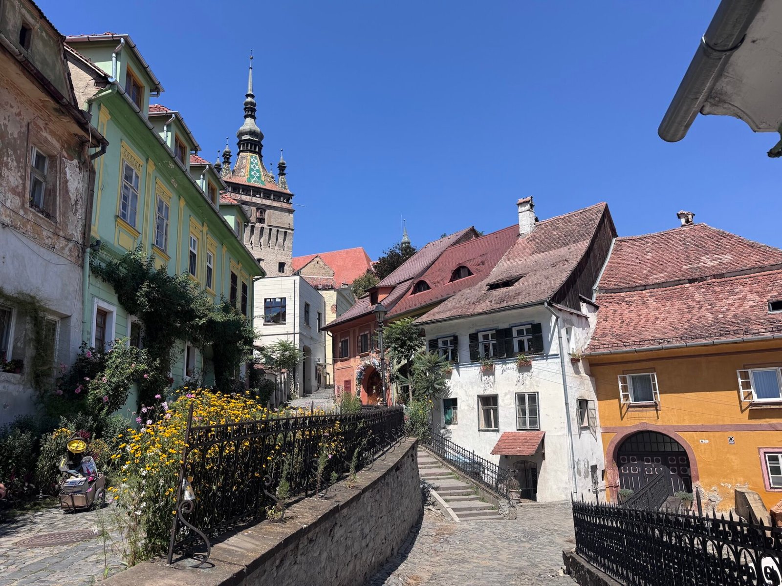 Colorful buildings lining the streets of Sighisoara, Romania